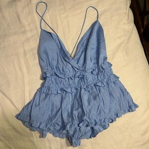 American Threads Blue Ruffled Top